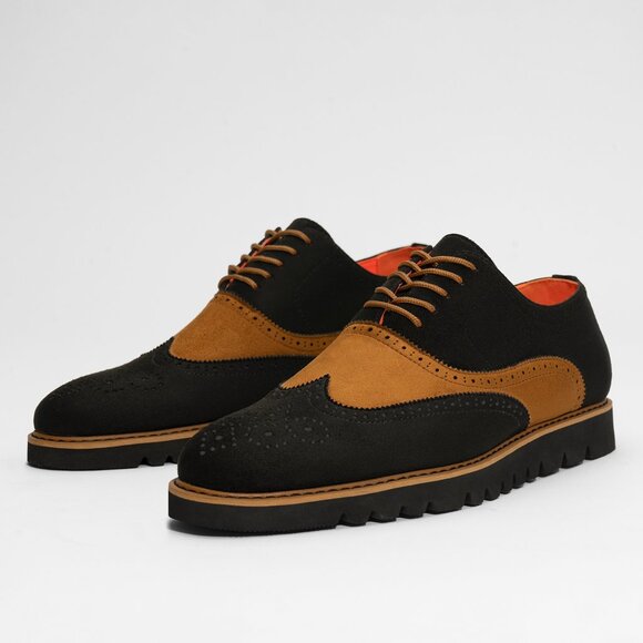 MEN CASUAL WINGTIP OXFORD. THE MANOLO BLACK CAMEL - Picture 1 of 3